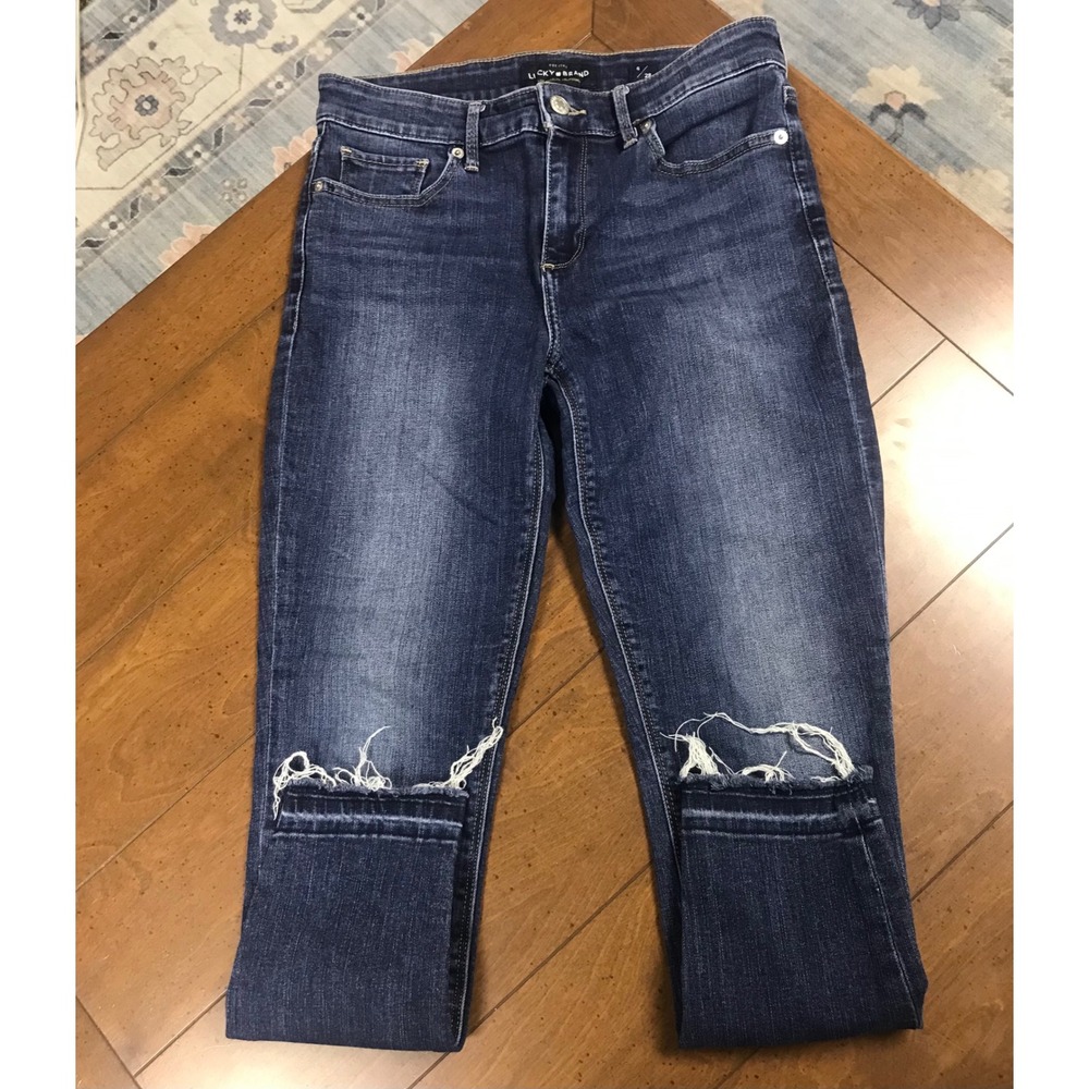 Lucky Brand Ava Skinny Jeans Dark‎ Wash Frayed Hem Distressed Size 6 28 - Picture 3 of 10